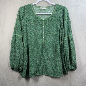 Max‎ Studio Green Ditsy Floral Long Balloon Sleeve Shirt Size 1X Green Boho